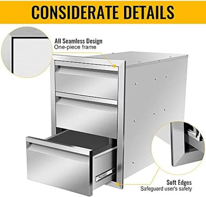 Outdoor Kitchen Stainless Steel Triple Access BBQ Drawers With Handle For BBQ Island Patio Grill Station,Three Drawers