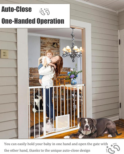 White Extra Wide Baby Gate with Pet Door Automatic Closing 29.5 to 46 Inches Adjustable Pressure Mounted for Doorway Stairs Includes 4 Wall Cups and 3 Extensions Pet Gate Baby Gate Dog Gate Cat Gate