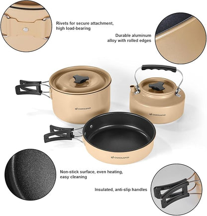 Odoland 15pcs Camping Cookware Mess Kit, Non-Stick Lightweight Pot Pan Kettle Set with Stainless Steel Cups Plates Forks Knives Spoons for Camping, Backpacking, Outdoor Cooking and Picnic