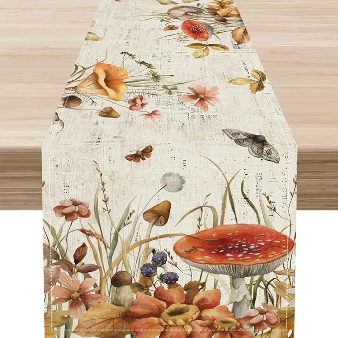Mushroom Table Runner, Rustic Farmhouse Wildfloral Fall Autumn Leaves CountryCoffee Table Center Decor for Home Kitchen Dining Patio Holiday Party Indoor Outdoor Table Decorations, 13"x90" Inch