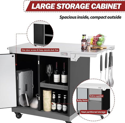 Royal Gourmet PC3201S Movable Grill Cart, 43" L x 24" W Stainless Steel Countertop, Storage Cabinet with Single-Door, Foldable Side Shelf, Tool Hooks & Inner Shelves, for Indoor & Outdoor Use, Black