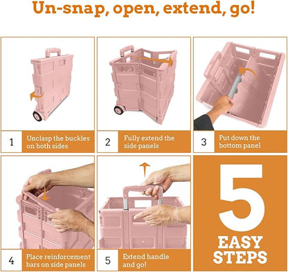 Inspired Living Ultra-Slim Rolling Collapsible Storage Pack-N-Roll Utility-carts, with Telescopic Handle, for Home, Garden, Shopping, Office, School use, Medium, Raspberry Pink