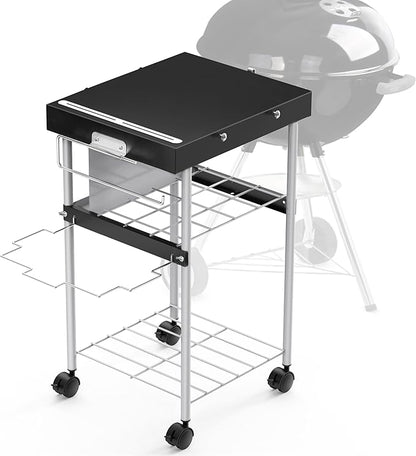 Grill Table Cart for Weber 22 inch Kettle 18in Charcoal Camping Carts for Blackstone 17 inch Griddle Accessories Outdoor Grillling Side Tables Freestanding Barbecue Shelves with Wheels Storage