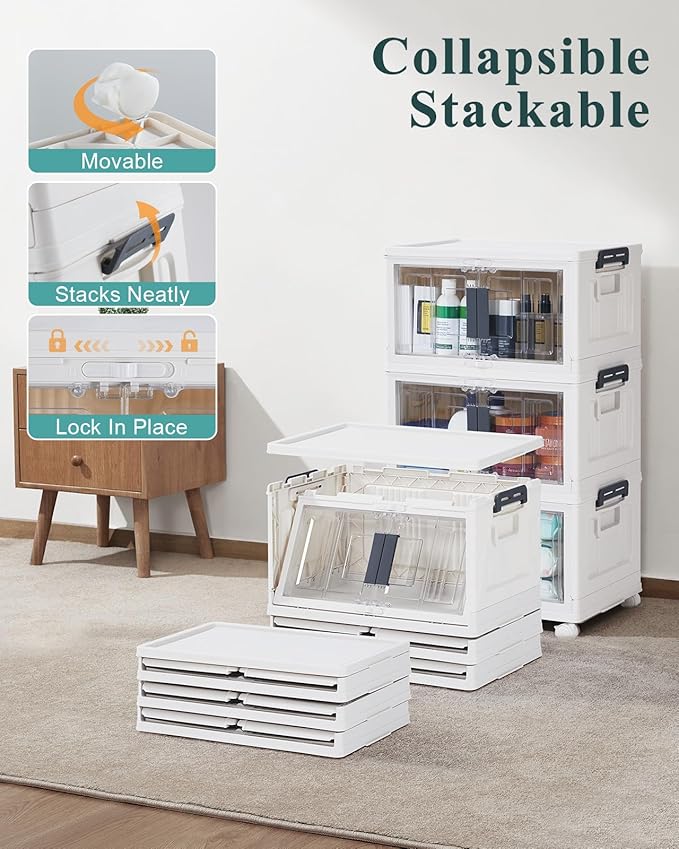 OlarHike 23QT Stackable Storage Bins with Lids - Folding Storage Box with Doors and Wheels, Collapsible Plastic Storage Bins for Closets and Organization, Christmas Gifts, 3 Pack Cubes