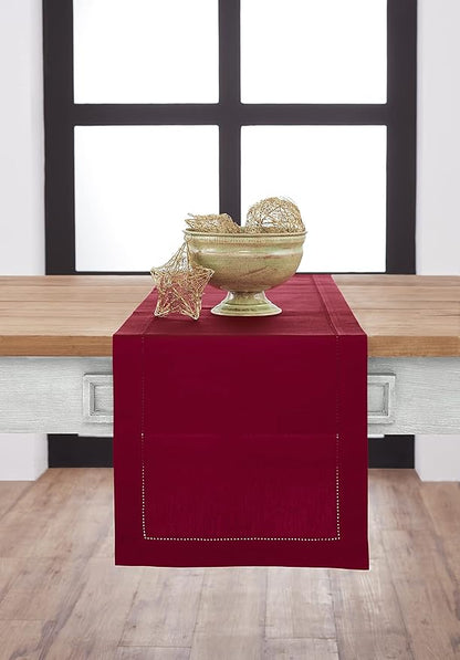 Solino Home Cotton Linen Red Table Runner 72 Inches Long - Hemstitch Table Runner 14 x 72 Inch for Dresser, Dining and Valentines, Winter
