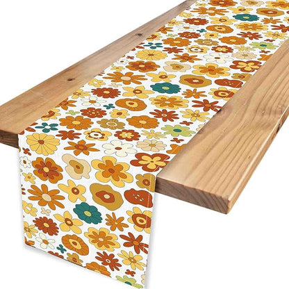 Groovy Floral Table Runner, Retro 70s Hippie Floral Funky Cute Flower Trippy Orange Coffee Table Center Decor for Home Kitchen Dining Patio Holiday Party Indoor Outdoor Table, 13"x108" Inch