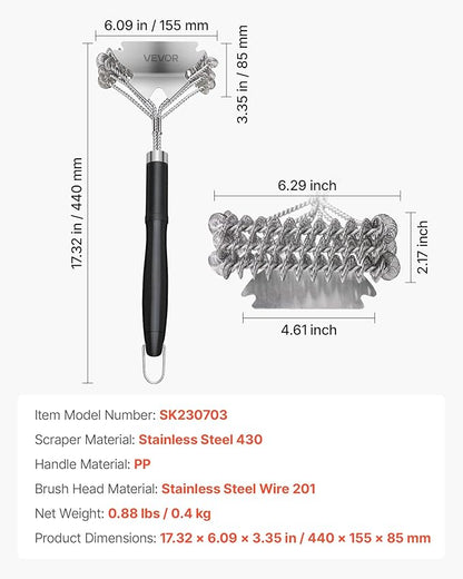 VEVOR Grill Brush and Scraper, BBQ Brush for Outdoor Grills, Stainless Steel Woven Wire, Bristle Free Barbecue Brushes for Porcelain, Charcoal, Grate Cleaner Grill Accessories, 17 in