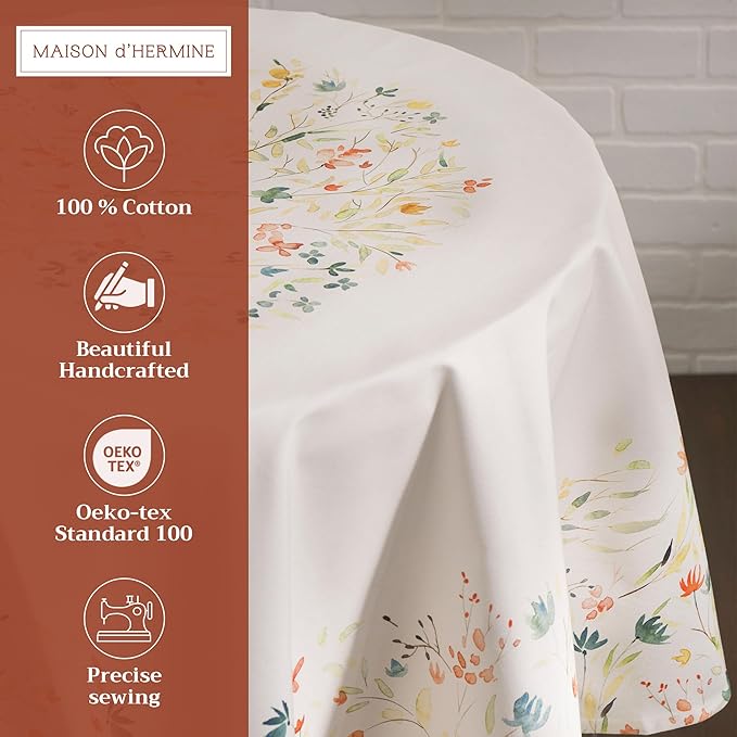Maison d' Hermine Table Cloth Round Table 100% Cotton 69 Inches Tablecloth Reusable Decorative Everyday Use for Dining Room, Farmhouse, Home, Party, Festive & Wedding Spring Summer - Colmar
