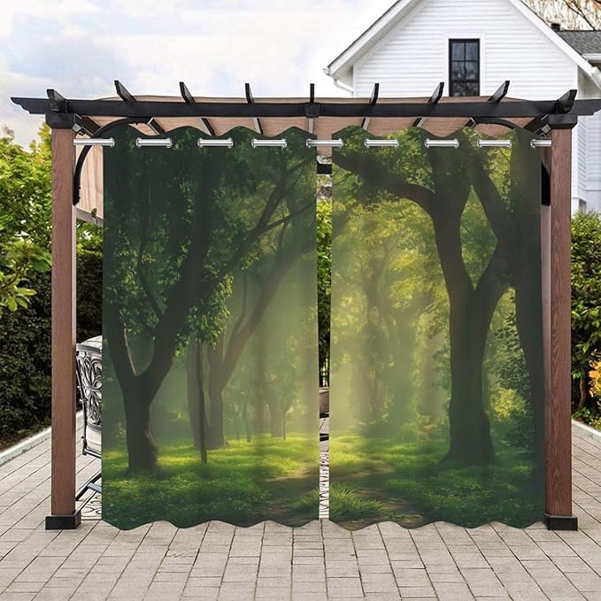 Forest Theme Waterproof Outdoor Curtains for Patio,Dawn Trees Jungle Pattern,Grommet Curtain for Bedroom, Porch, Living Room, Pergola, Cabana,2 Panels,W54 x L84,Green