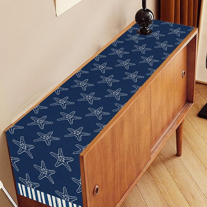Starfish Table Runner, Summer Coastal Navy Blue Nautical Tropical Rustic Farmhouse Coffee Table Center Decor for Home Kitchen Dining Patio Holiday Party Table Decorations 13"x108"