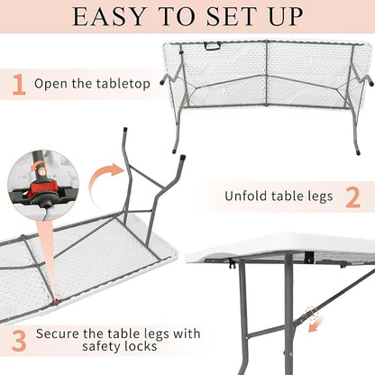Folding Tables with Carrying Handle Lightweight Rectangular Portable Plastic Camping Table Steel Legs for Party, Dining, Wedding, Events, Picnic Indoor, Outdoor (5FT, White)