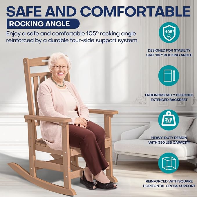Oversized HDPE Outdoor Rocking Chair Set of 2, All-Weather, Teak | Heavy Duty - Image 6