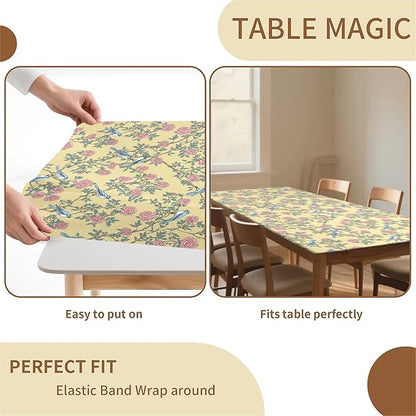 Rectangle Table Cloth Cover Waterproof Elastic Fitted Polyester Fitted Tablecloths for 4 Foot Tables for Indoor,Picnic, Camping, Outdoor （48" x 24"，Bird）
