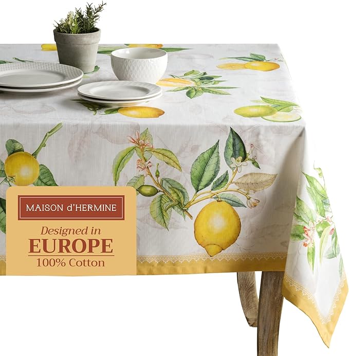 Maison d' Hermine Table Cloth Rectangle Table 100% Cotton 60 x 120 Inches Tablecloth Reusable Decorative for Dining Room, Farmhouse, Home, Party, Festive & Wedding Spring Summer - Limoncello