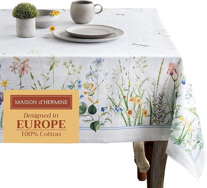 Maison d' Hermine Table Cloth Rectangle Table 100% Cotton 70 x 108 Inches Tablecloth Reusable Decorative for Dining Room, Farmhouse, Home, Party, Festive & Wedding Spring Summer - Fleurs De Mai