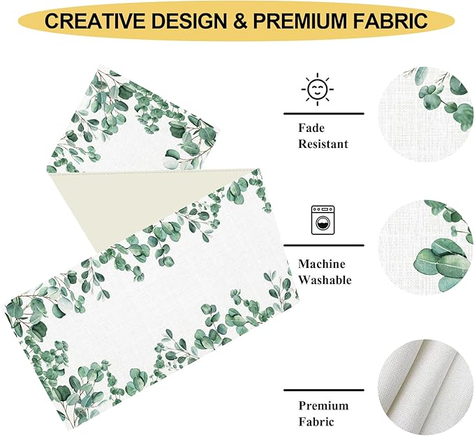 Farmhouse Table Runner, Green Eucalyptus Spring Summer Seasonal Plants Rustic Country Cafe Coffee Table Center Decor for Home Kitchen Dining Patio Indoor Outdoor Table Decorations, 13"x36" Inch
