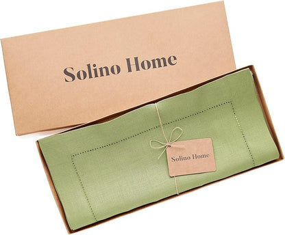 Solino Home Linen Moss Green Table Runner 60 Inches - 100% Pure Linen Small Table Runner 14 x 60 Inch for Dresser and Coffee Tables - Classic Hemstitch - Winter, Spring, Easter, St Patricks Day