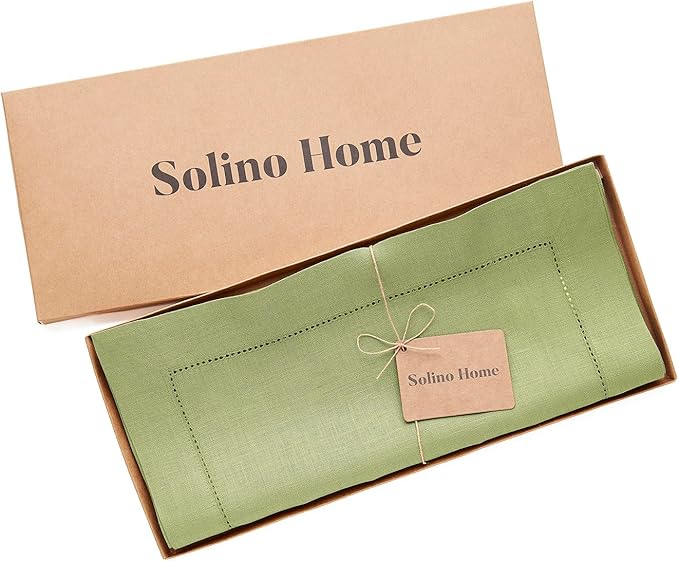 Solino Home Linen Moss Green Table Runner 144 Inches Long - 100% Pure Linen Extra Long Table Runner 14 x 144 Inch for Spring, St Patricks Day, Easter - Classic Hemstitch