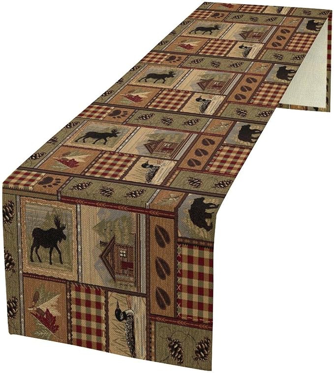 Rustic Deer Bear Table Runner, Vintage Bear Country Cabin Farmhouse Table Runner for Home Kitchen Dining Table Decoration 13x36in