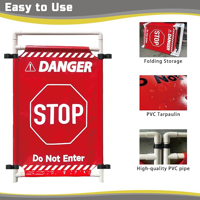 Safety Caution Barricade 3Panels Foldable Security Signs With PVC Tarp Removable Safety Barrier Wet Floor Guard Symbol Clear Printing Safety Fence(Red3)