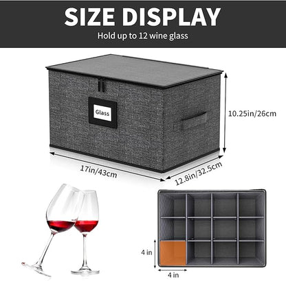 Aokeyee Wine Glass Storage Box Containers with Dividers - 2 Pack Stemware Storage Cases for 24 Crystal Glasses, Drinkware, Hard Shell for Moving & Protection(17'' x 12.8'' x 10.25'', Grey)