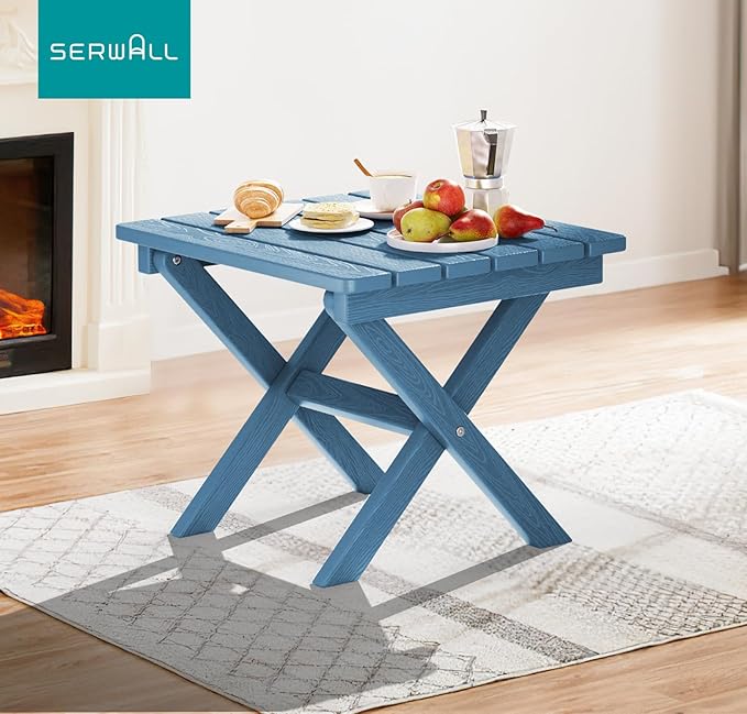 SERWALL Folding Adirondack Side Table, Portable Small Outdoor Table, Weather Resistant Outdoor End Table for Camping and Garden, Navy
