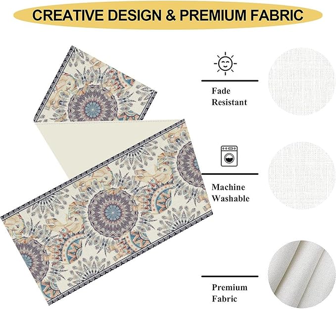 Boho Table Runner, Rustic Blue African Tribe Elephant Indian Diwali Damask Mandala Art Print Ethnic Folk Coffee Table Center Decor for Home Kitchen Holiday Party Outdoor Table Decorations, 13"x90"