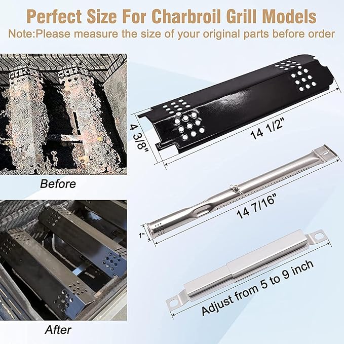 Criditpid Grill Replacement Parts for Charbroil 463340516 463370519 463370516 463278418, Cast Iron Grill Grates, Burners, Igniter, Heat Plates, Crossover Tubes Kit for Charbroil Gas2coal 463336818.