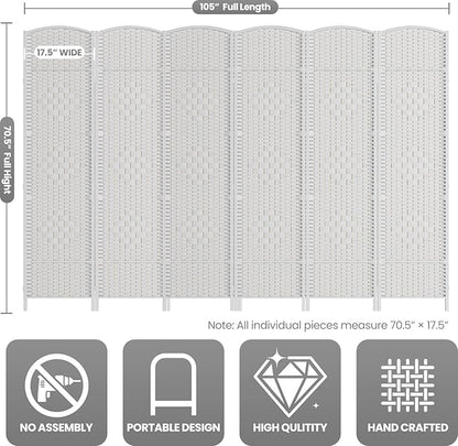 6 Panel Room Divider,6Ft Folding Privacy Screen,Tall - Extra Wide Foldable Panel Partition Wall Divider with Diamond Double-Weaved Hand-Woven Design Room Screen Divider