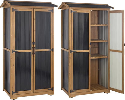Storage Cabinet Outdoor Garage Cabinets with 3 Adjustable Shelves, Lockable Door, Wood & Metal Weather-Resistant Pantry Cabinet for Patio Garden Home Farm (33.3" Lx 21" Wx 69" H)