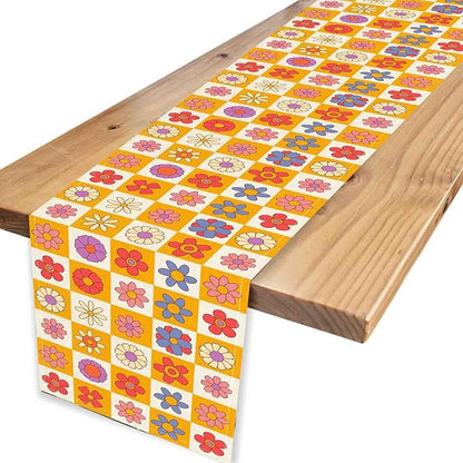 70s Table Runner, Retro Groovy Hippie Daisy Floral Colorful Checkered Funky Trippy Coffee Table Center Decor for Home Kitchen Dining Patio Holiday Party Indoor Outdoor Table Decorations, 13"x72" Inch