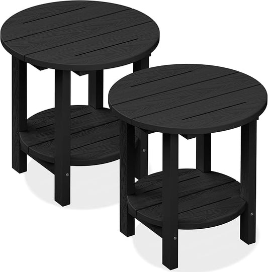 SERWALL Round Outdoor Side Table Set of 2, HDPE Small Adirondack Double End Table, Black