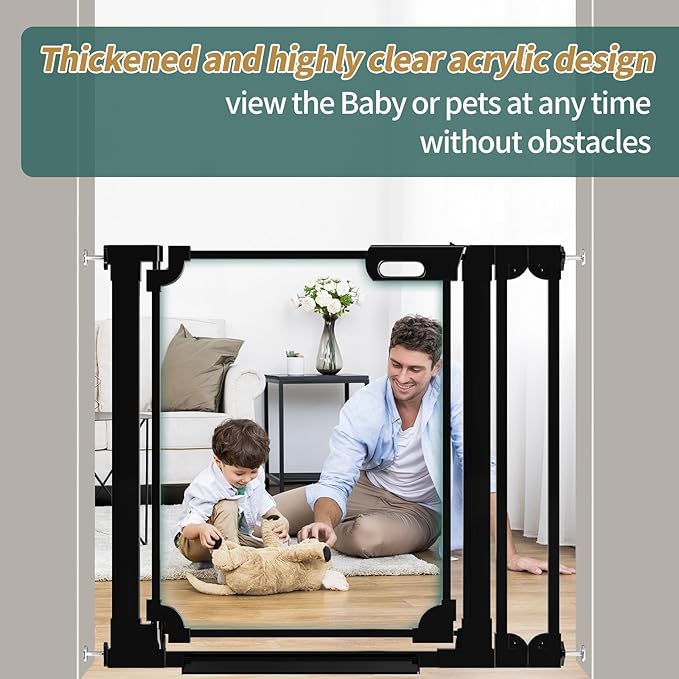 Clear Baby Gate for Stairs,57.87-66.14" Wide, Auto Close Acrylic Pet Gate, Pressure Mounted Clear Dog gate for Doorways, Safety Baby Gate, Indoor, Hallway, Kitchen,Black