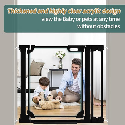 Clear Baby Gate for Stairs,57.87-66.14" Wide, Auto Close Acrylic Pet Gate, Pressure Mounted Clear Dog gate for Doorways, Safety Baby Gate, Indoor, Hallway, Kitchen,Black