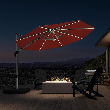 PURPLE LEAF Cantilever Patio Umbrella 11ft Round Solar LED Light, Brick Red | by PURPLELEAF