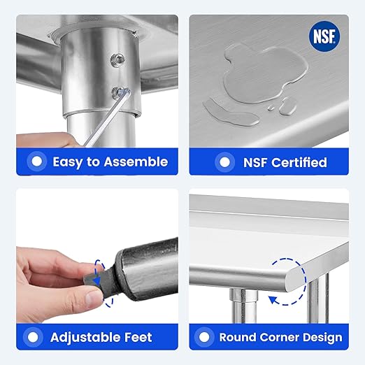 Hally Sinks & Tables H Stainless Steel Table for Prep & Work 24 x 60 Inches, NSF Commercial Heavy Duty Table with Undershelf and Backsplash for Restaurant, Home and Hotel
