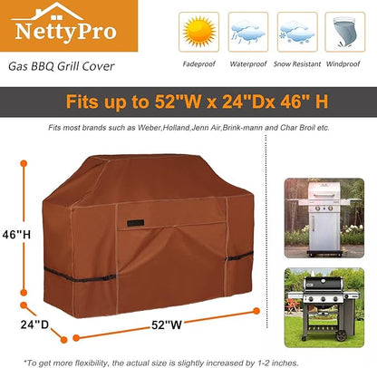 NettyPro BBQ Grill Cover 52 inch Heavy Duty Waterproof Outdoor 2-3 Burners Gas Grill Cover for Outside Weber, Char-Broil, Brinkmann, Nexgrill Barbecue, Brown