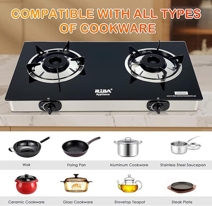2 Burner Propane Gas Stove, Portable Tempered Glass Camping Stove Propane with Auto-Ignition, 20472 BTU Burners for Cooking, Outdoor, Camping, RV & Emergency Use