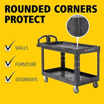 Rubbermaid Commercial Products BRUTE Heavy Duty 2-Shelf Utility/Service Cart, Medium, Lipped Shelves, Ergonomic Handle, 750 lb Capacity, Black, for Warehouse/Garage/Cleaning/Office