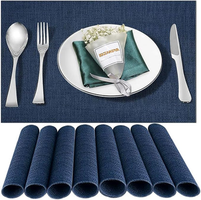 Placemats Set of 8,Washable,Heat and Stain Resistant Indoor/Outdoor Place mats,Vinyl Woven Non Slip Table Mats for Restaurant Table Protection,PVC Placemats(Navy Blue,8PCS)