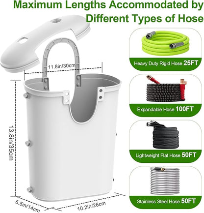Riokko Garden Hose Holder Bucket, Hose Storage, Water Hose Storage for Outside, Hose Box Fits 25FT Heavy Duty/100FT Expandable/50FT Flat/50FT Stainless Steel Hoses, Hanging Handle & Drain Hole Design