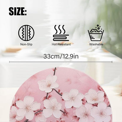 Round PU Leather Placemats Set of 4,Pink Cherry Blossoms Flowers Ding Round Table Placemat Easy to Clean Heat-Resistant Waterproof Non-Slip Place Mats for Party Coffee Bar,13inch