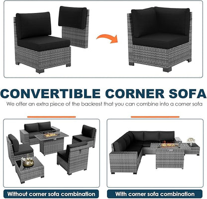 7 Piece Patio Furniture Set with Fire Pit Table, Outdoor Sectional Conversation Sets Wicker Rattan Sectional Sofa with Coffee Table for Patio Garden Backyard, 4'' Thickened Cushion Black