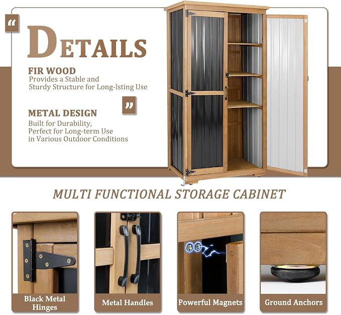 Outdoor Storage Cabinet Weatherproof, Wood & Metal Shed - Image 4