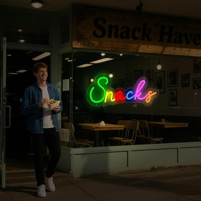 Snacks Neon Sign, Snack Bar Sign for Wall Decor, Colorful Snacks Neon Light Sign for Cake Candy Shop Coffee Bars, Dimmable USB Powered Light Up Sign