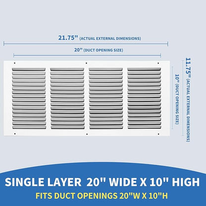 20x10 Return Air Grille (Duct Opening Size), Air Return Vent Cover, AC Vent Cover, Cold Air Return Vent Cover, Flat Return Air Grilles, Outer Dimensions:21.75"W x 11.75"H (20"W x 10"H, Duct Opening)