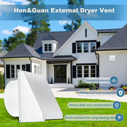 Hon&Guan Dryer Vent Cover Outside with Removable Mesh, Wall Mount Extractor Vent with Rubber Cushioned Non-Return Flap, High Quality Iron Outside Dryer Vent Cover for House (White, 6 Inch)