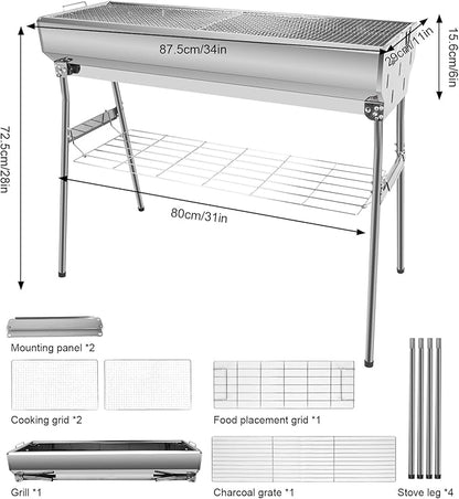 Portable Charcoal Grill, Foldable Stainless Steel Grill with Storage Shelf and non-slip feet - ideal for outdoor Kabob cooking, picnics and camping (lager)