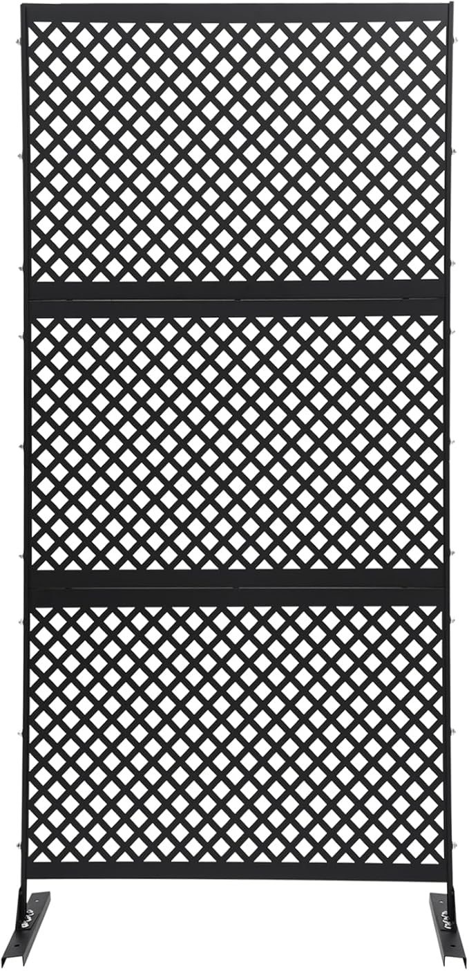 Outdoor Metal Privacy Screen with Stand, 35.4" W x 75" H Freestanding Metal Slatted Decorative Privacy Screen and Panels for Patio Garden Balcony Porch (Black Grill)