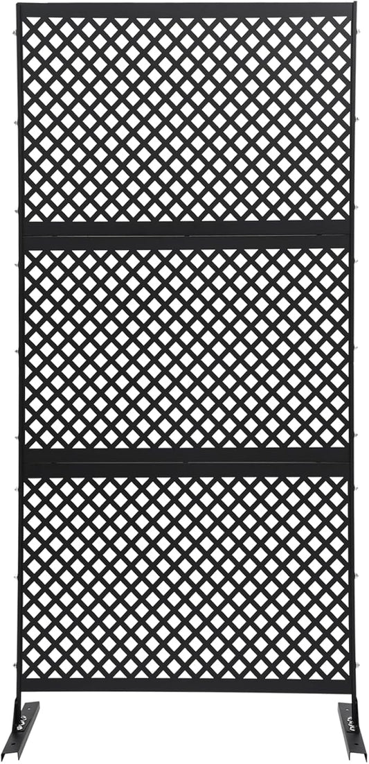 Outdoor Metal Privacy Screen with Stand, 35.4" W x 75" H Freestanding Metal Slatted Decorative Privacy Screen and Panels for Patio Garden Balcony Porch (Black Grill)